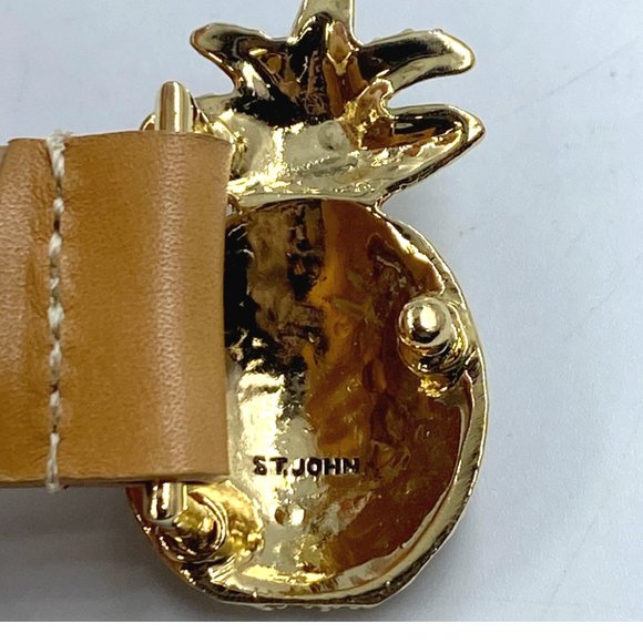 NEW ST JOHN Taupe Brown Gold Rhinestone Pineapple Buckle Belt Small Medium S M - Picture 2 of 5
